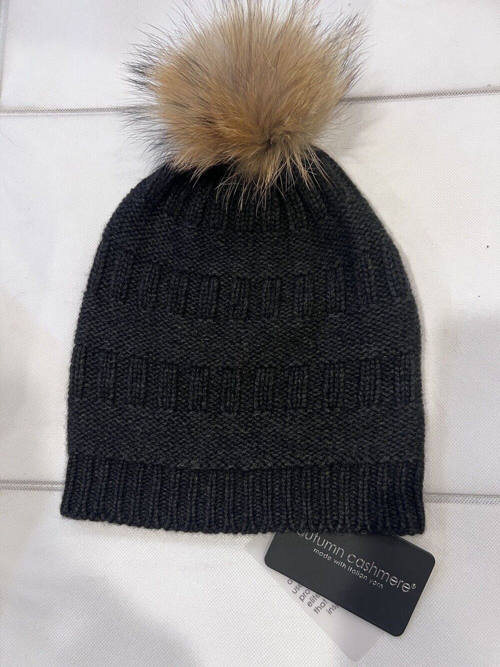 Autumn Cashmere Textured Hat with Raccoon Pom Pom Gray Cashmere Blend